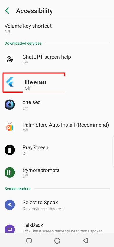 Android Accessibility settings list with Heemu highlighted