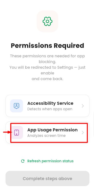 Permissions Required screen with App Usage Permission highlighted